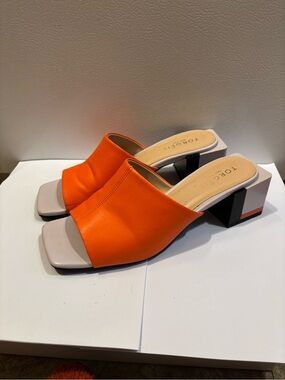 TORGEIS Orange Leather Slip-On Mules with Neutral Block Heel